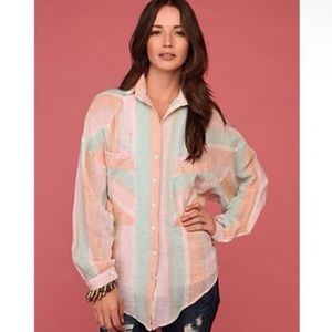 Free People Borrowed Boyfriend Button Down Linen Top Pink Stripe Size Large L